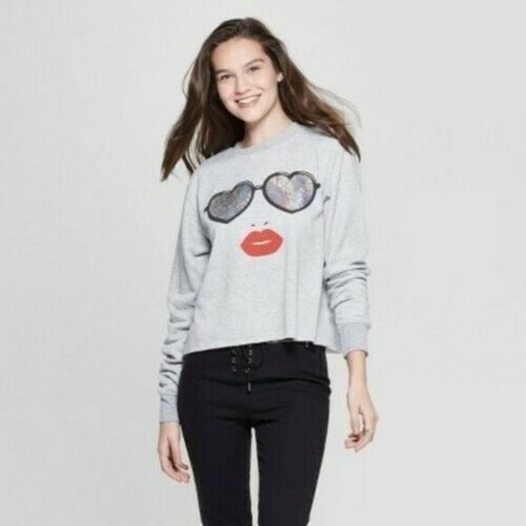 MIGHTY FINE Womens Size Large Graphic Sweatshirt Gray Red Heart Shaped Glasses - Picture 1 of 5